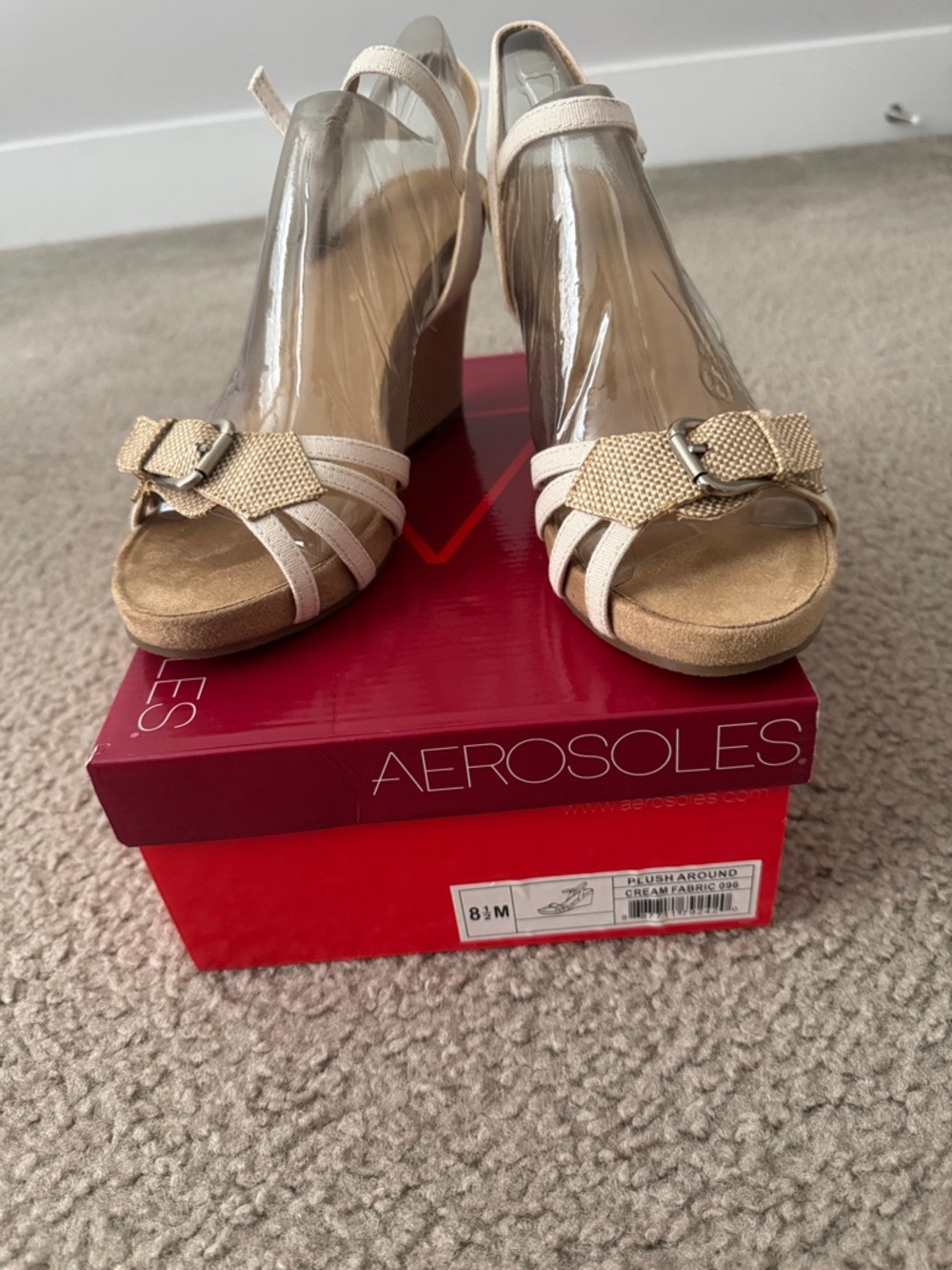 AEROSOLES Beige Cream Wedge Sandals with Buckle Accent
